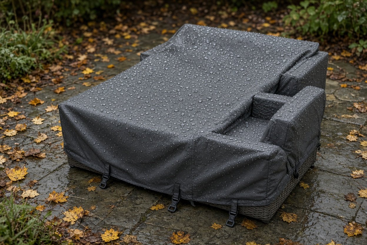 Wetterfeste Gartenmöbel-Abdeckung über einer Rattan-Lounge auf herbstlicher Terrasse mit Regentropfen
