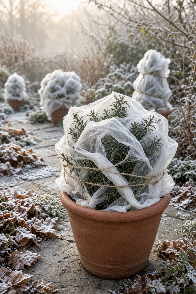Kübelpflanze in Terrakotta-Topf, locker mit weißem Wintervlies umwickelt, im herbstlichen Garten mit Raureif