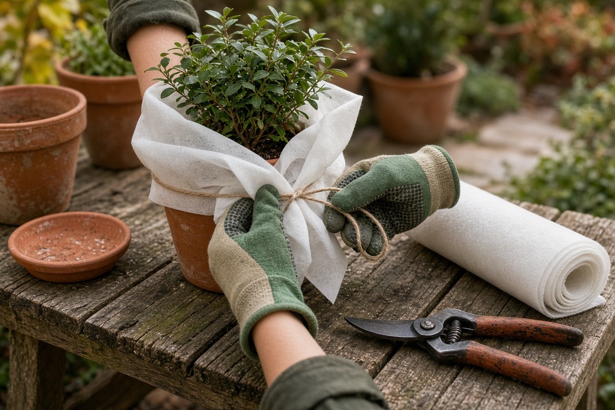 Hände mit Gartenhandschuhen binden Wintervlies locker um einen Kübel mit Strauch auf der Terrasse