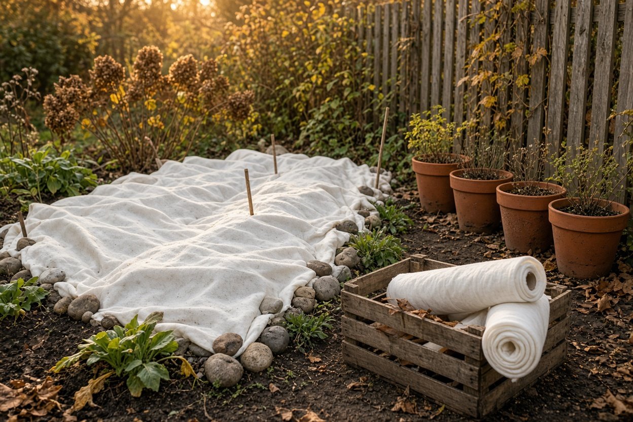 Gartenbeet im Herbst, mit Wintervlies abgedeckt und mit Steinen beschwert, daneben Kübelpflanzen am Zaun