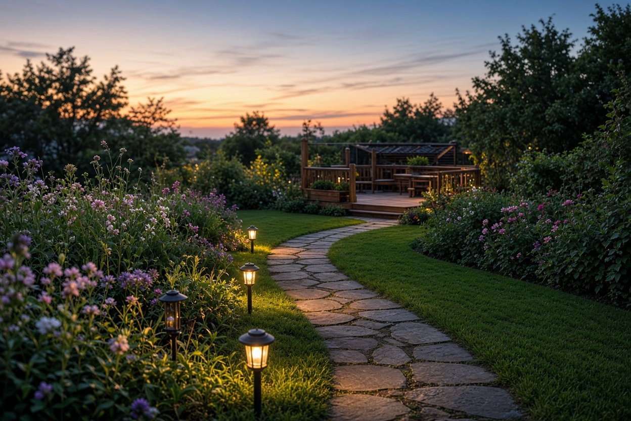 Gartenweg in der Dämmerung, beleuchtet von Solarleuchten in warmweißem Licht