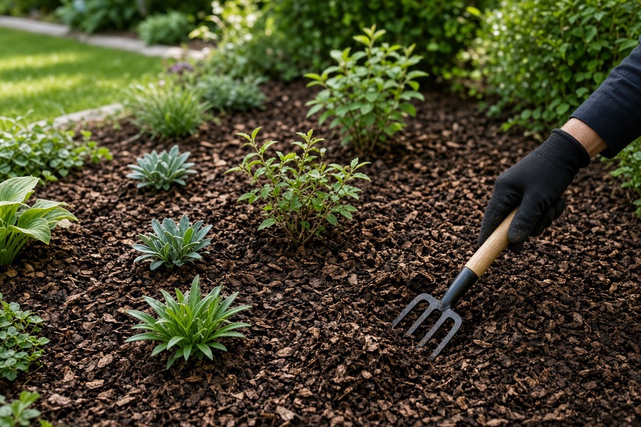 Frisch ausgebrachter Rindenmulch in einem Gartenbeet rund um junge Sträucher und Stauden