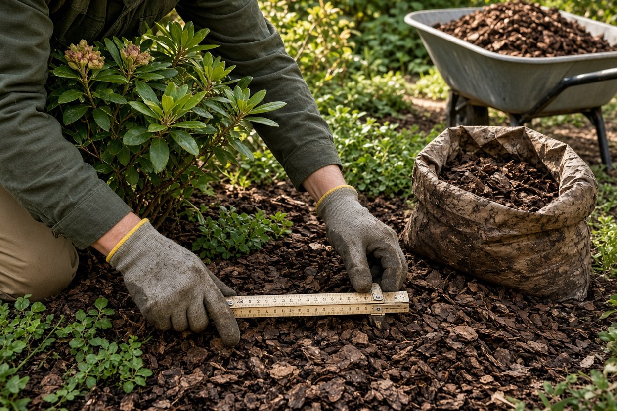 Gärtnerhände messen die Schichtdicke des Rindenmulchs an einem Rhododendron