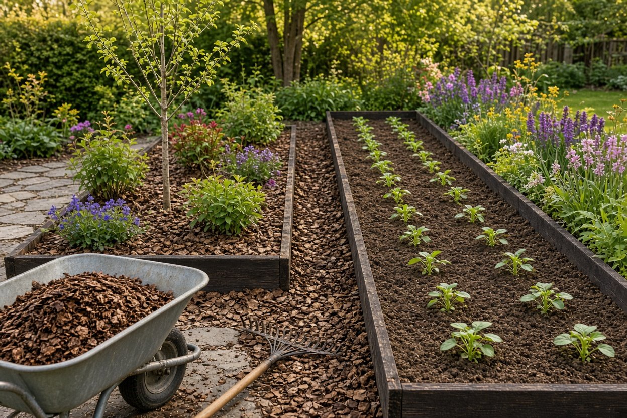 Gartenbeet mit Rindenmulch rund um Gehölze neben einem Gemüsebeet mit offenem Boden