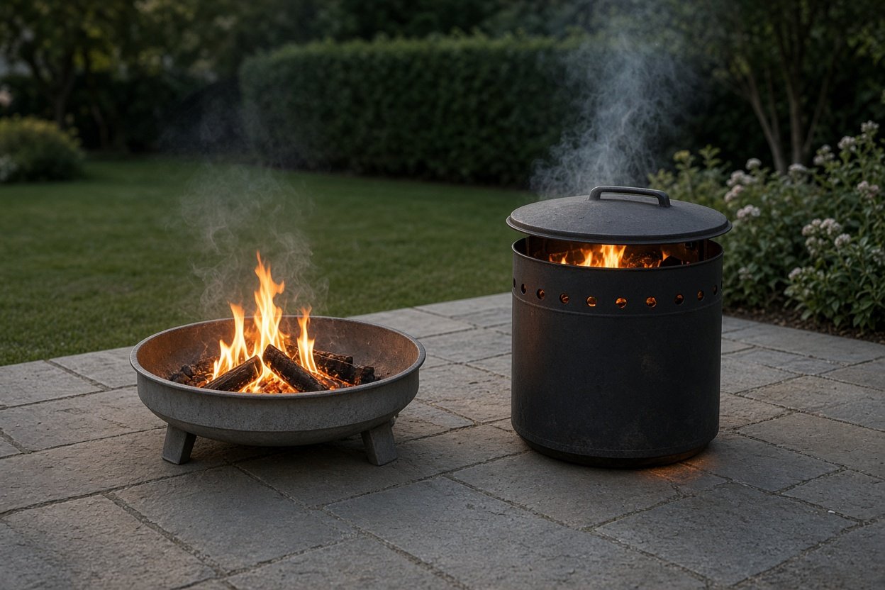 Feuerschale und Feuertonne mit Deckel nebeneinander auf einer Gartenterrasse in der Abenddämmerung