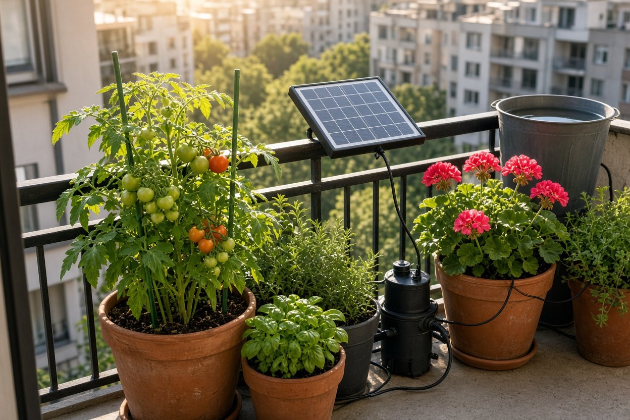Balkon mit Topfpflanzen und Solar-Bewässerung: Solarmodul am Geländer, Pumpe und Tropfschläuche zu jeder Pflanze